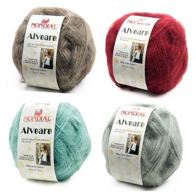 Novelos de lã Mondial Alveare em castanho, vermelho, verde e cinza