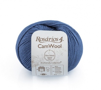 Novelo de lã azul Rosários 4 CamWool com etiqueta branca
