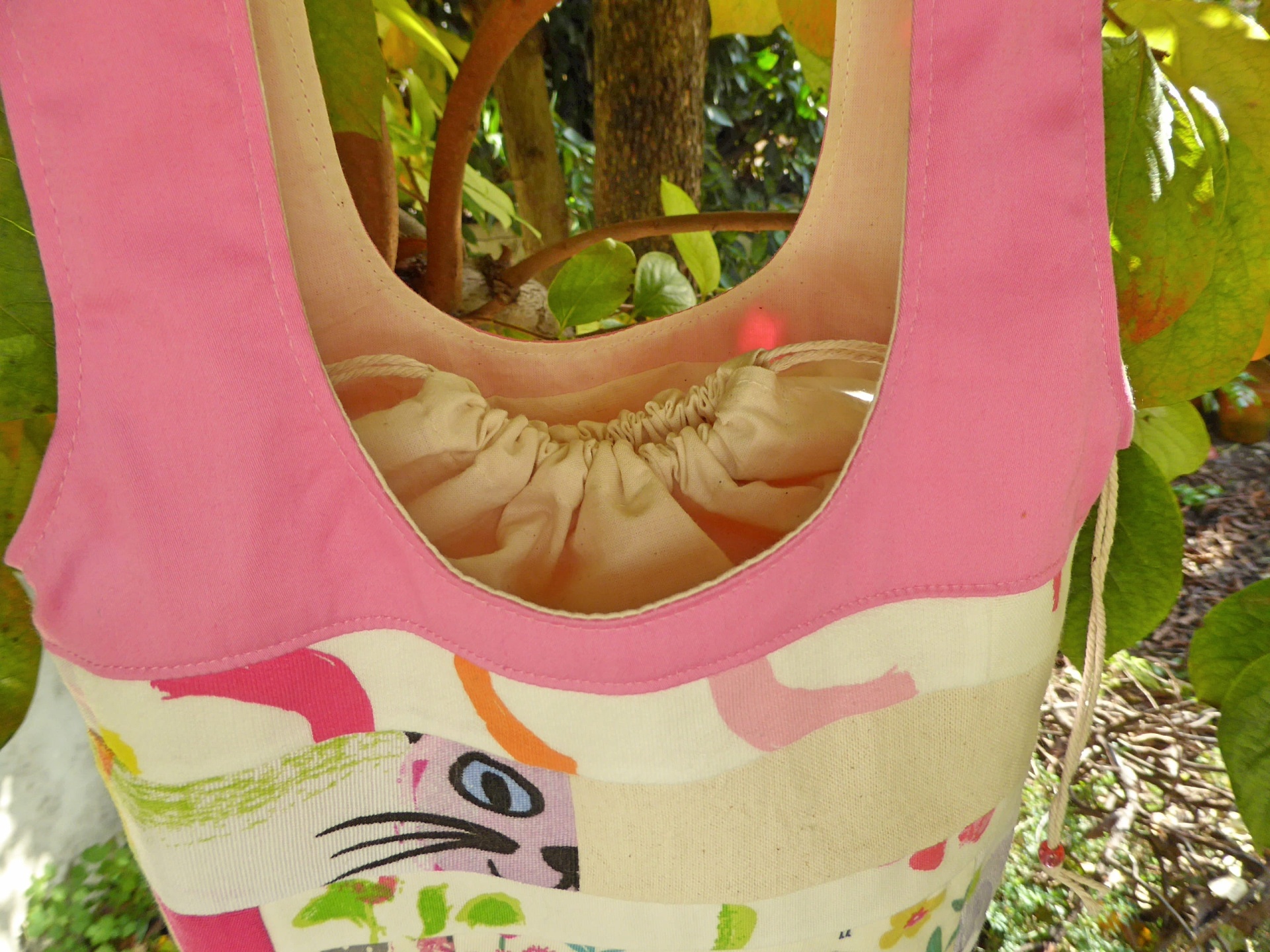 Sacos Com Asas / Saco do Pão Bolsa de tecido com estampado de gato e detalhes rosa