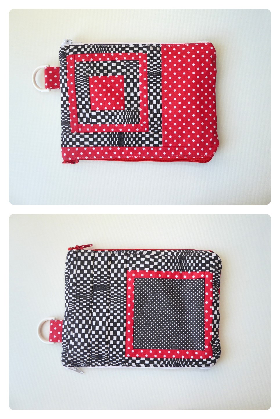 Bolsas Duplas “Usa-Lava”: Porta-pensos/lingerie/lenços/máscaras Carteira em tecido vermelho, preto e branco com padrões de quadrados e bolinhas