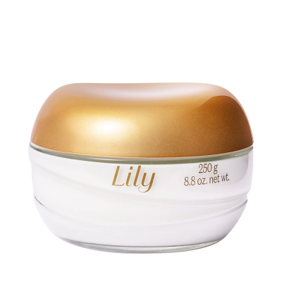 Frasco branco com tampa dourada contendo creme Lily 250 g