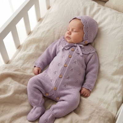 Bebé vestido com macacão e gorro lilás de malha deitado num berço branco.