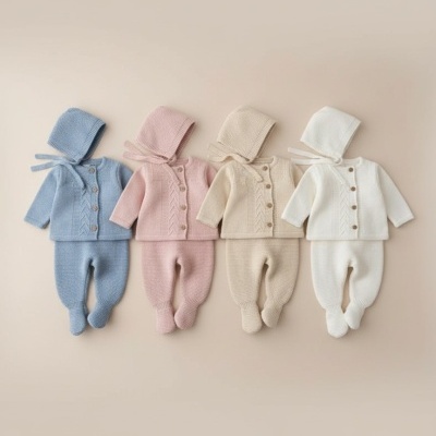 Conjuntos de roupa de bebé em malha nas cores azul claro, rosa, bege e branco com casaco, calças e capuz