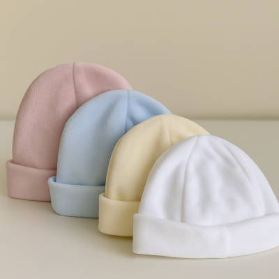 Quatro gorros coloridos pastel alinhados sobre mesa clara
