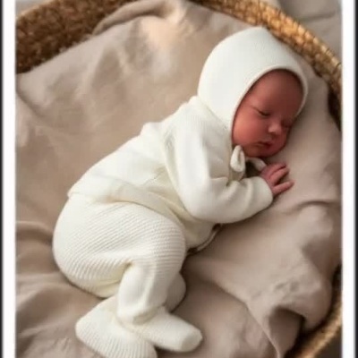 Roupas de bebé em várias cores e bebé a dormir com fato branco