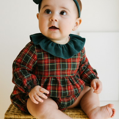 Bebé com roupa xadrez e faixa de cabelo azul escuro sentado numa caixa de tecido entrelaçado