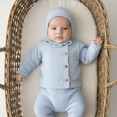 Bebé deitado em cama de vime com roupa de malha azul