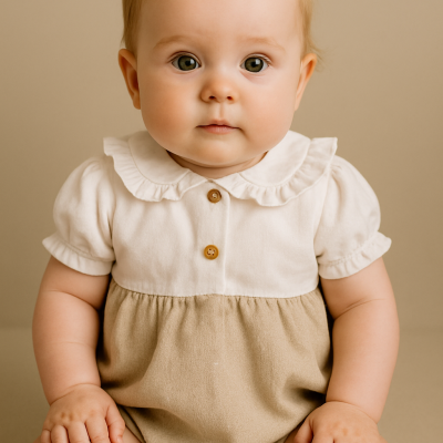 Bebé vestido com body bege e branco e meias brancas