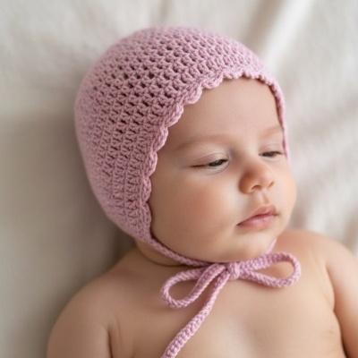 Bebé deitado com gorro de malha rosa amarrado sob o queixo.
