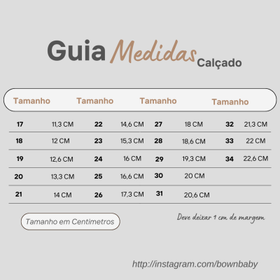 Guia de tamanhos de calçado com medidas em centímetros e instruções