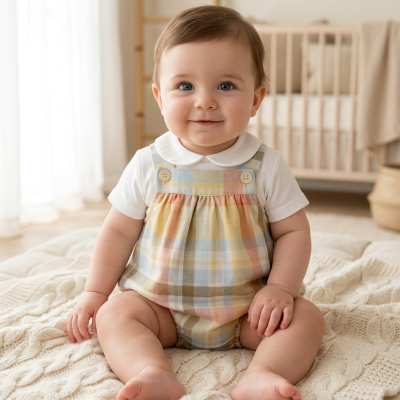 Bebé vestido com babygrow xadrez colorido sentado sobre manta bege com padrão de trança