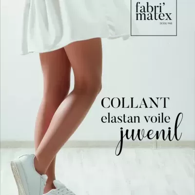 Embalagem de collants juvenis fabri'matex com 15 DEN, tecido elastano voile, pernas de criança com vestido branco e sapatilhas brancas.