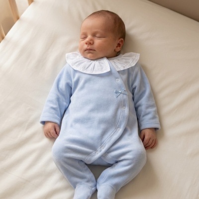Bebé a dormir com macacão azul claro e colarinho branco