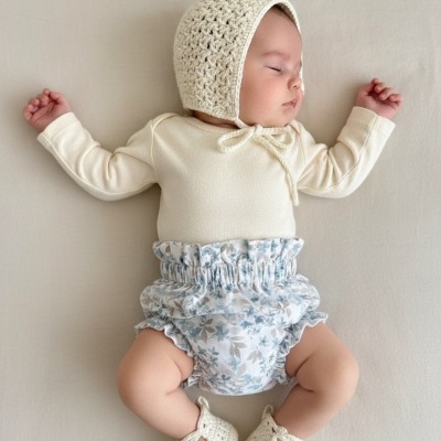 Bebé a dormir com roupa creme, tapa-fraldas floral azul e bege, gorro e sapatinhos de malha creme