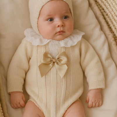 Bebé com roupão de malha bege e laço dourado numa cama de vime acolchoada beige