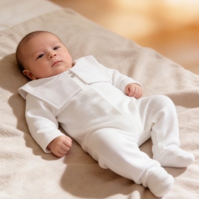 Bebé deitado vestido com fato branco de malha texturizada e golas largas