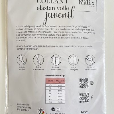 Embalagem de collants elastano voile juvenil Fabrimatex, branca com texto e informações de produto