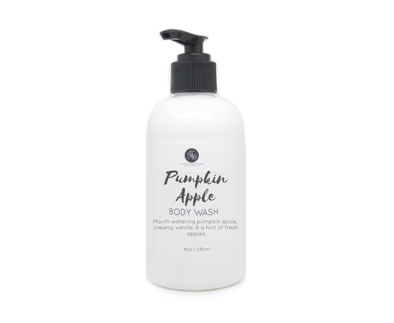 Frasco branco com tampa de bomba preta contendo gel de banho Pumpkin Apple