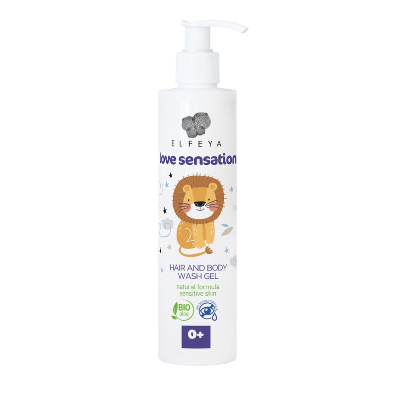 Frasco de gel de banho para cabelo e corpo com desenho de leão e texto ELFEYA Love Sensation.