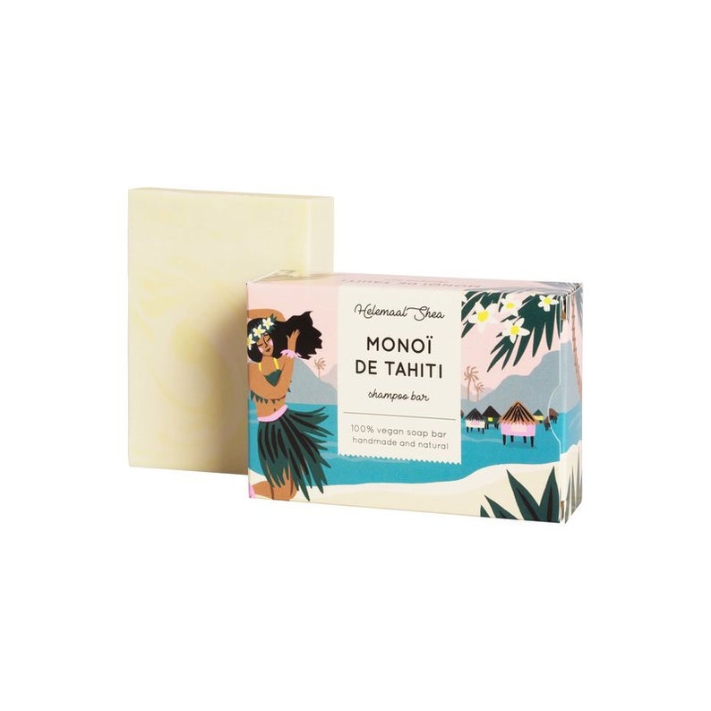 Sabonete Monoï de Tahiti com embalagem ilustrada tropical.