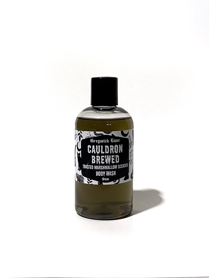 Frasco transparente de body wash Greywick Lane CAULDRON BREWED esfoliante sabor marshmallow tostado