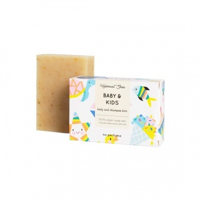 Sabonete sólido para bebés e crianças com embalagem colorida e texto informativo