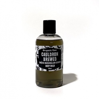 Frasco transparente de body wash Greywick Lane CAULDRON BREWED esfoliante sabor marshmallow tostado