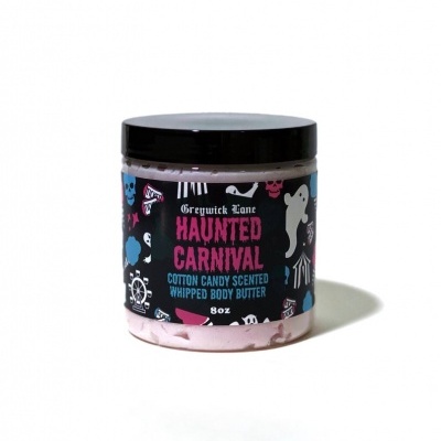 Frasco de manteiga corporal com rótulo preto decorado com tema Carnaval Assombrado