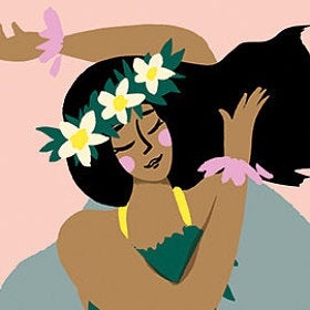 Ilustração de mulher com coroa de flores, vestido amarelo e pulseiras cor-de-rosa