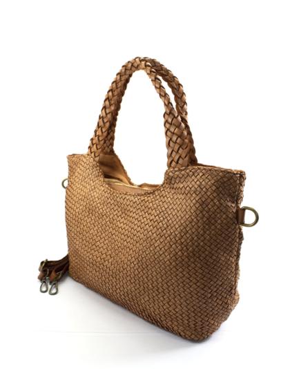 Mala de ombro castanha trançada com duas pegas trançadas