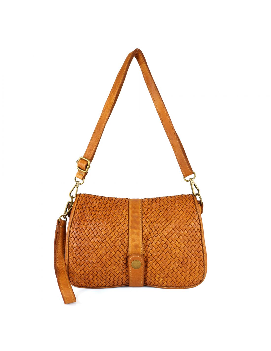mala de ombro castanho claro com padrão trançado e fecho com botão