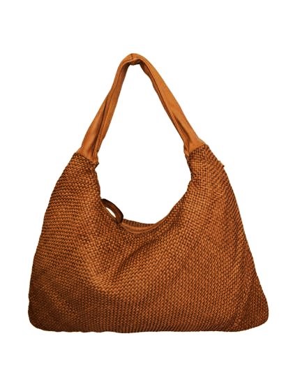 Mala de ombro castanha em tecido com alças do mesmo material