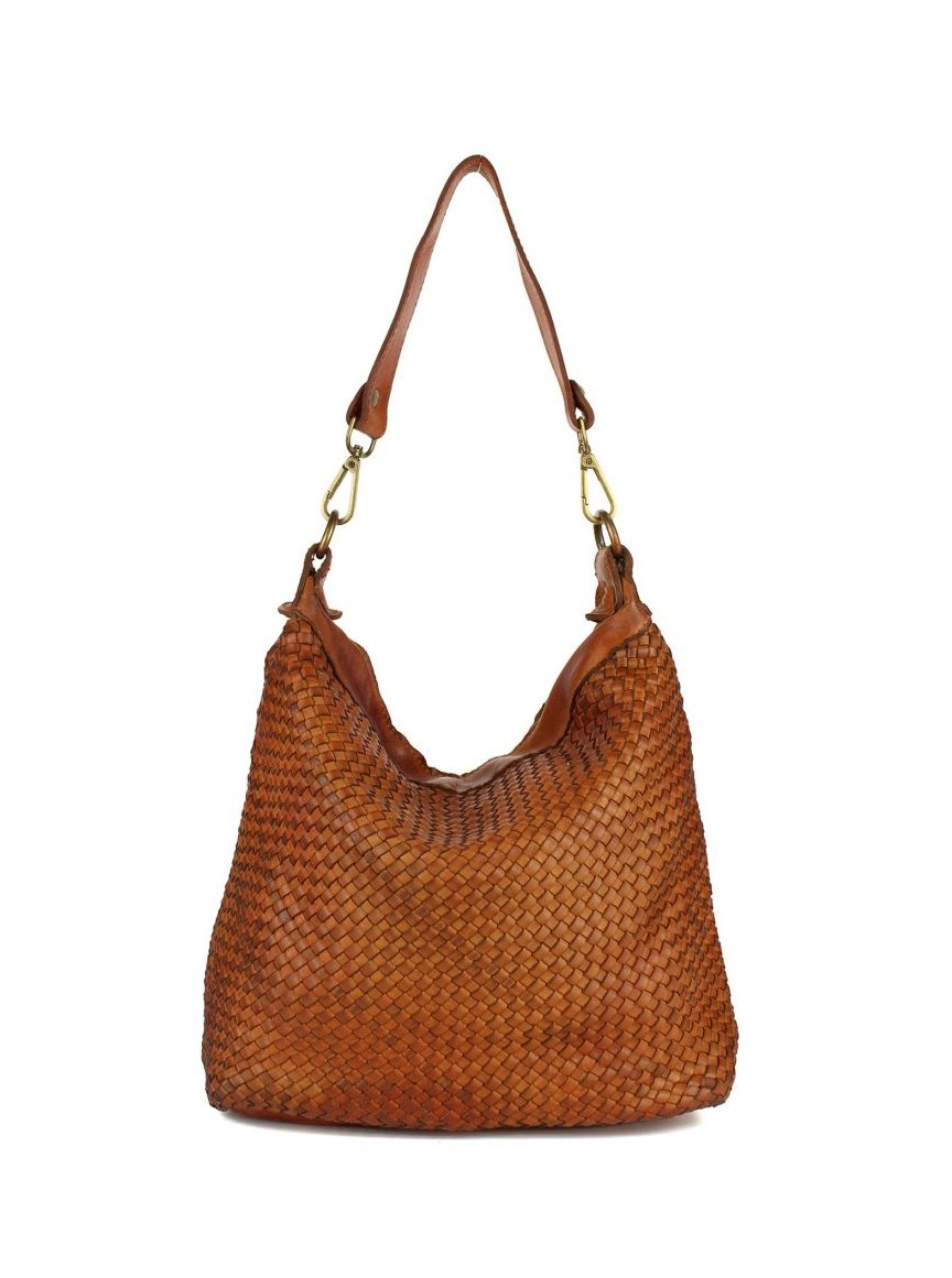 Mala de ombro castanha em pele com padrão tecido e alça de ombro