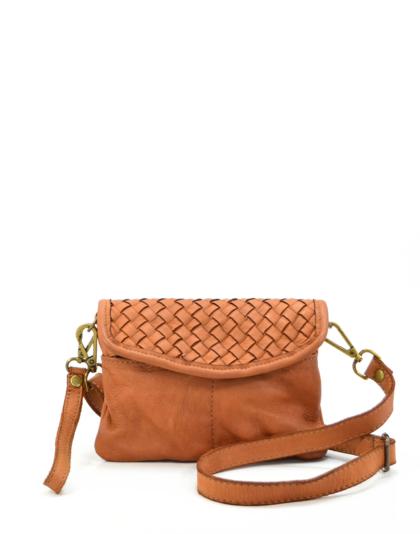 Mala pequena de ombro em pele castanha com design trançado na aba