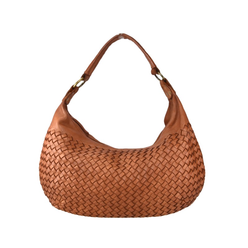 Mala castanho claro com padrão entrelaçado e alça única