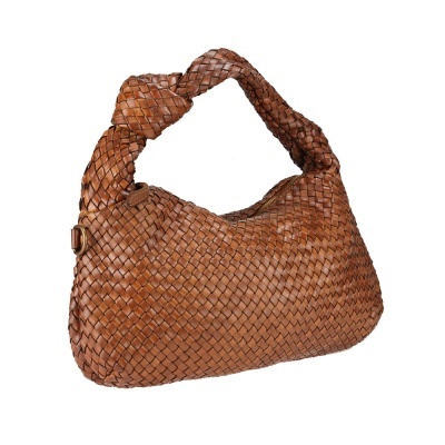 Mala de mão castanha de couro trançado com alça com nó