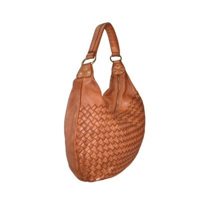 Mala de mão castanha em pele com padrão trançado