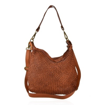 Mala castanha de senhora com padrão trançado e alças em couro