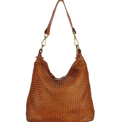 Mala de ombro castanha em pele com padrão tecido e alça de ombro