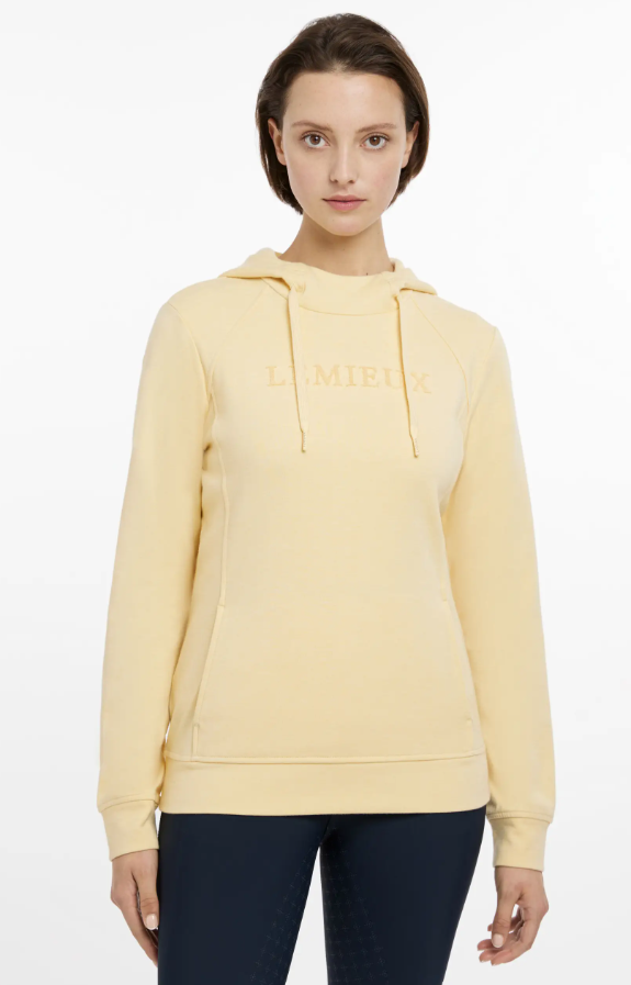 Hoodie de Senhora LEMIEUX 'Martha' Sweatshirt amarela clara com capuz e texto LEMIEUX em relevo