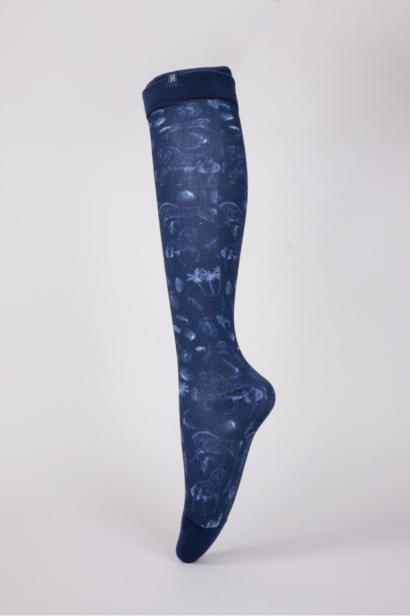 Meias HARCOUR "Sorel" SS24 Meia azul escura comprida com padrão abstracto e bainha elastic azul