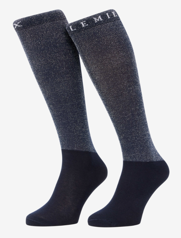 Meias LEMIEUX Brilliance Competition Par de meias compridas azul escuro brilhantes com texto branco no topo