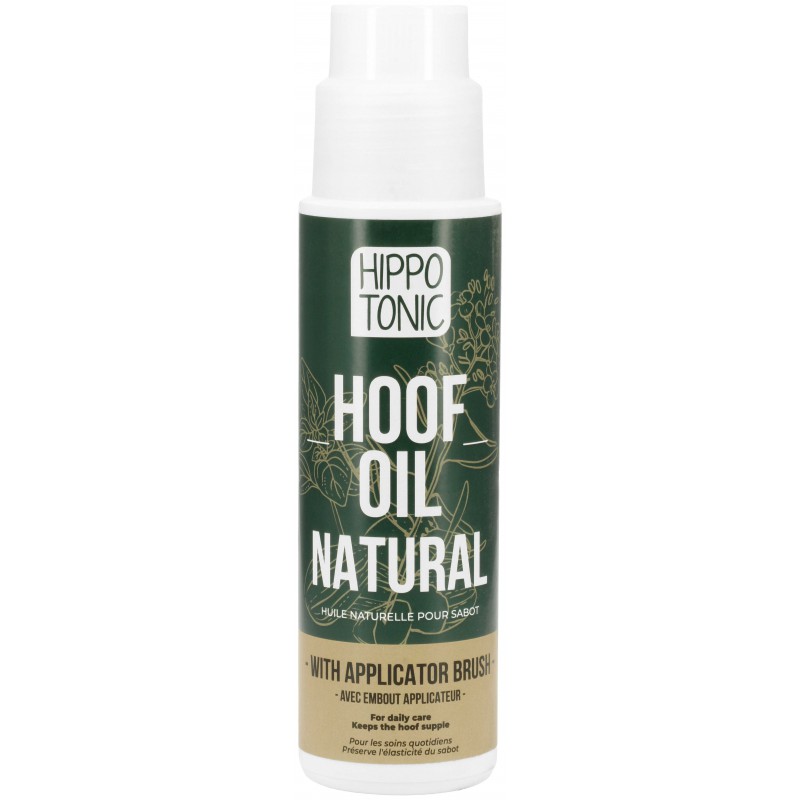 Óleo Natural p/ Cascos c/ Aplicador HIPPOTONIC Frasco branco com rótulo verde escuro de óleo natural para cascos com aplicador