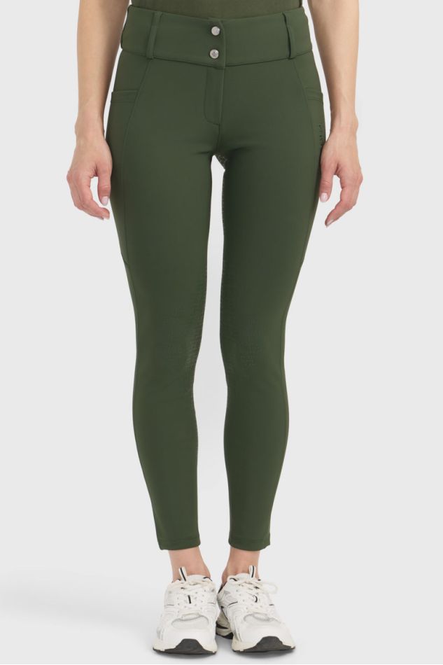 Calças de Senhora HARCOUR Ludivine 'W26' Calças justas verde-oliva com botões na cintura e sneakers brancos