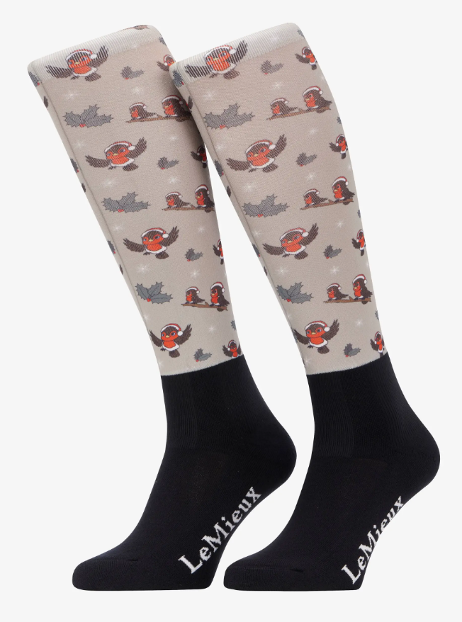 Meias LEMIEUX Footsie meias cano alto preto e bege com padrão de pássaros e folhas