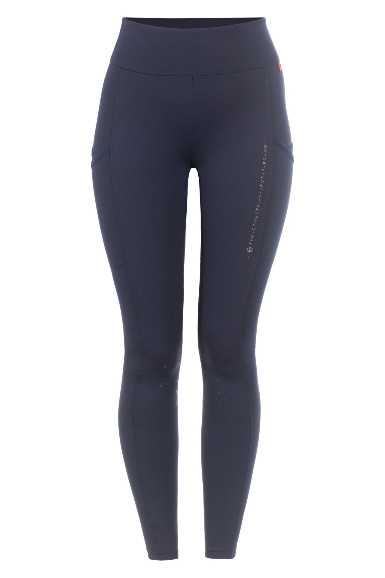 Leggings CAVALLO Leah Full Seat Leggings desportivas femininas azul escuro com bolsos laterais e texto impresso