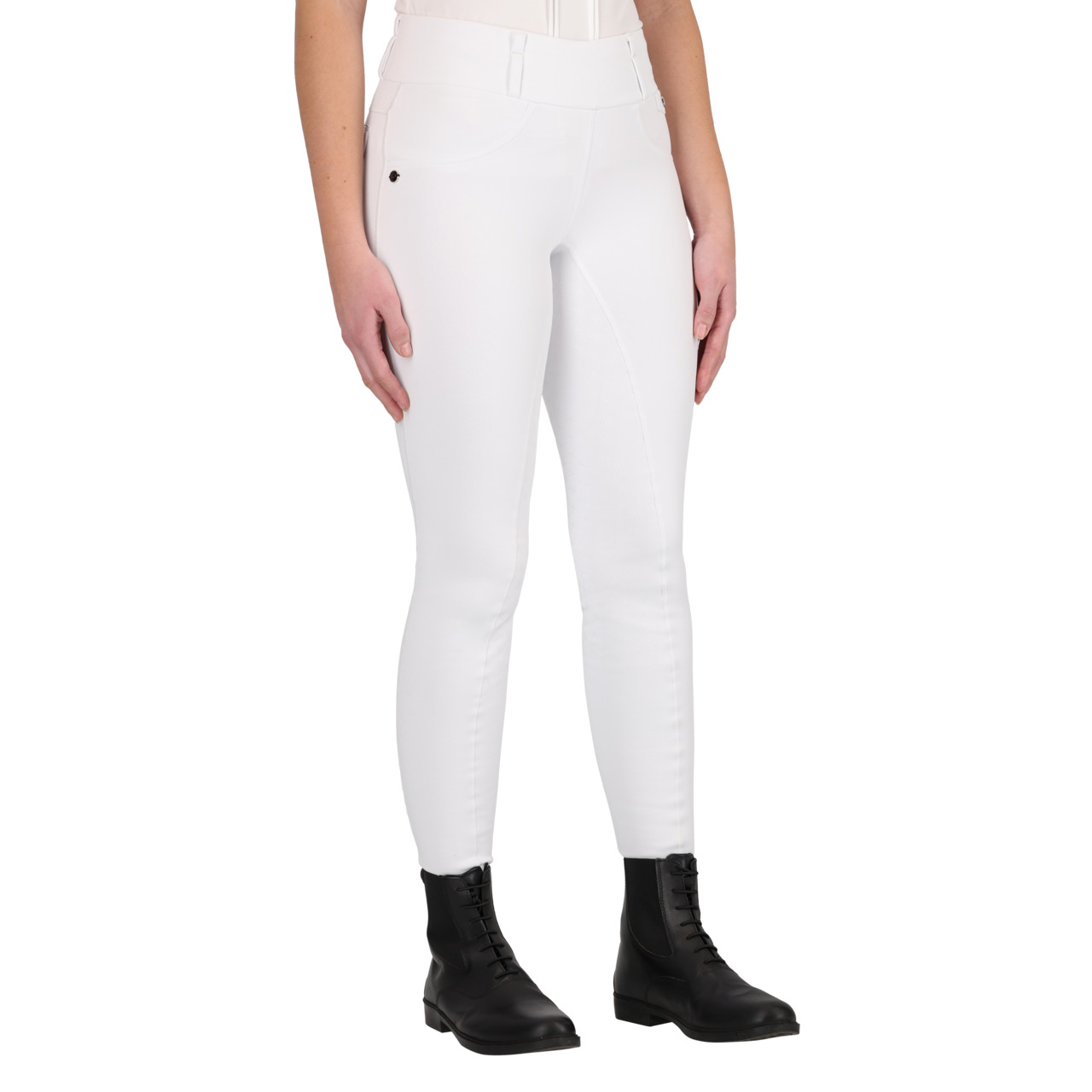 Leggings de Inverno QHP 'Juliet' Full Seat Calças brancas justas com botas pretas num fundo branco