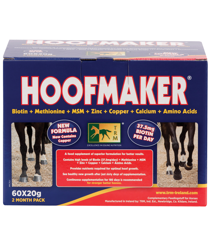 Suplemento TRM Hoofmaker 60x20g Embalagem azul do suplemento alimentar HOOFMAKER para cavalos.