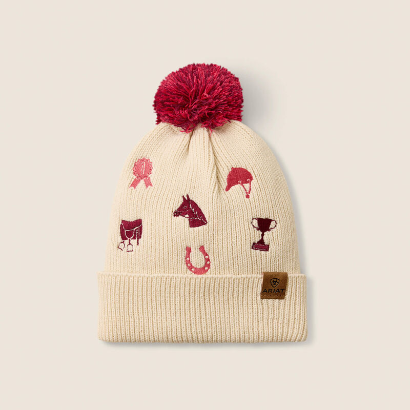 Gorro de Criança ARIAT Arlo Gorro bege com pompom vermelho e ícones de equitação em vermelho e rosa