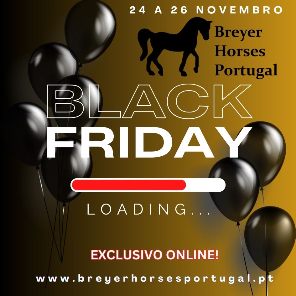Cartaz Black Friday com balões pretos e texto promocional da Breyer Horses Portugal